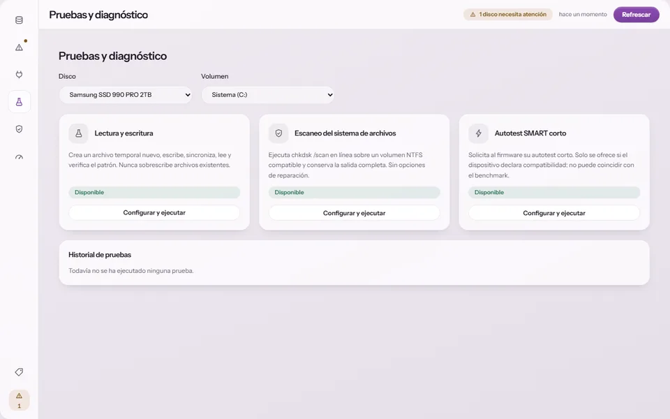 Pruebas de SmartDisk Monitor con lectura y escritura, escaneo del sistema de archivos y autotest SMART
