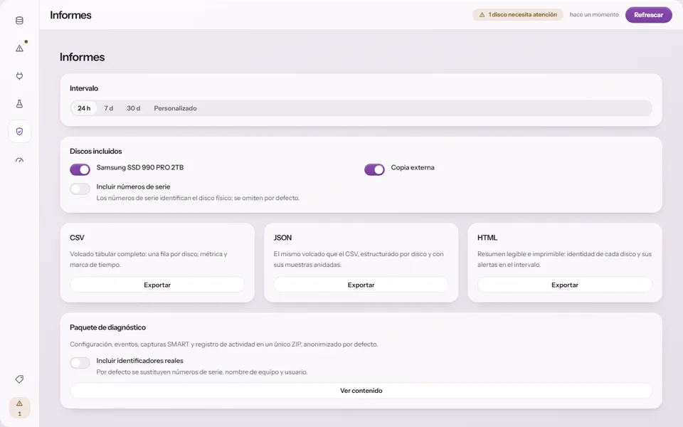 Informes de SmartDisk Monitor con exportación CSV, JSON y HTML y paquete de diagnóstico anonimizado