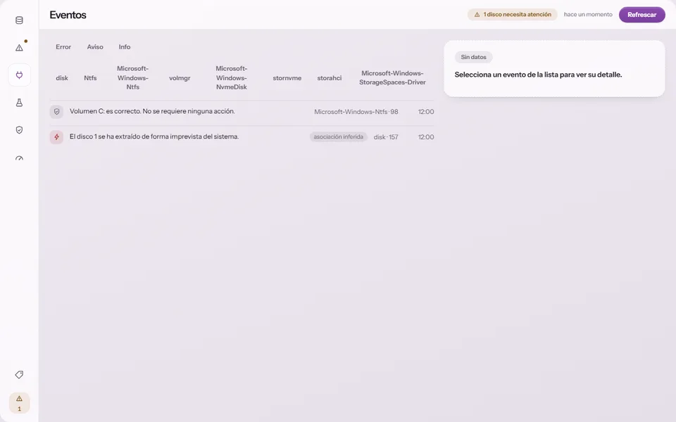 Eventos de almacenamiento en SmartDisk Monitor con filtros por origen y asociación de sucesos al disco